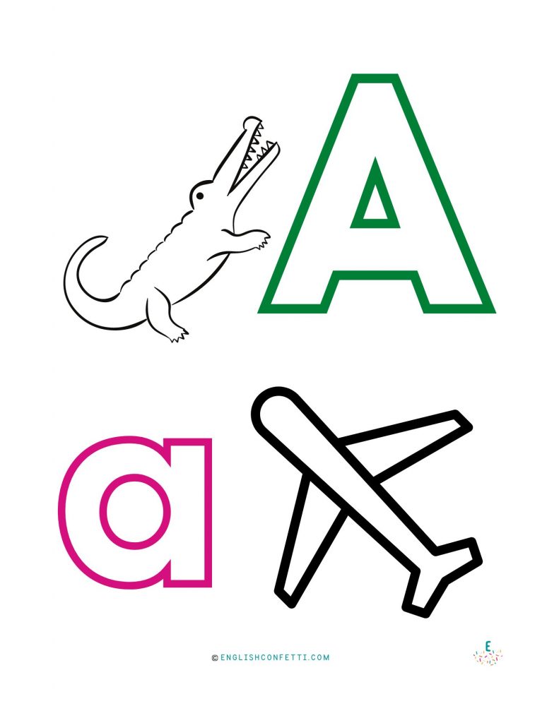 Letter A coloring worksheet with uppercase and lowercase letters and pictures. Drawing worksheet included in download.