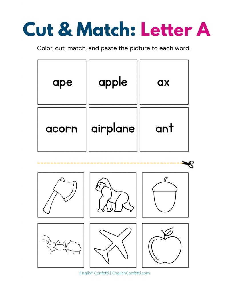 Letter A coloring, cutting, and matching activity sheet.
