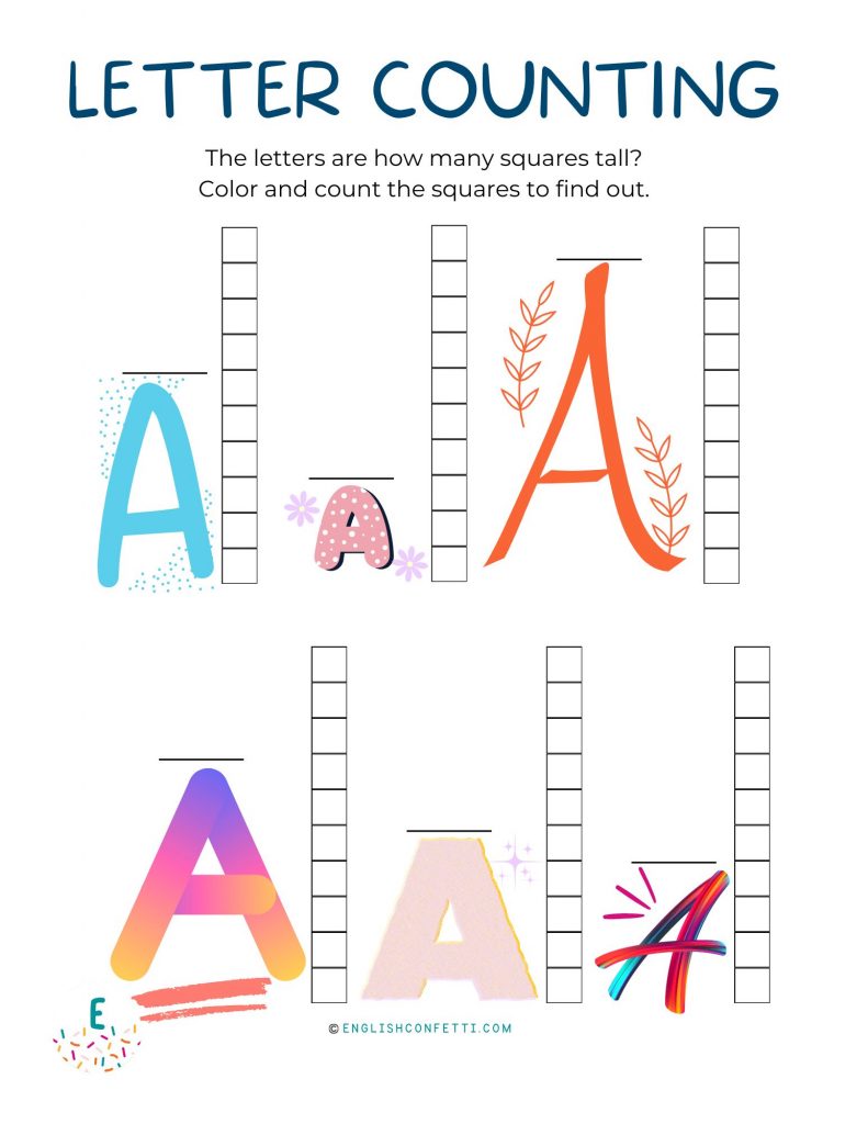 Letter A counting and measuring worksheet for children.