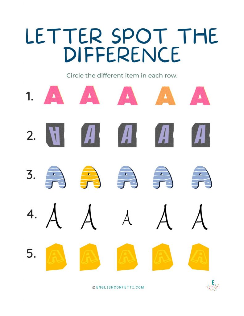 Letter A spot the difference worksheet for children.