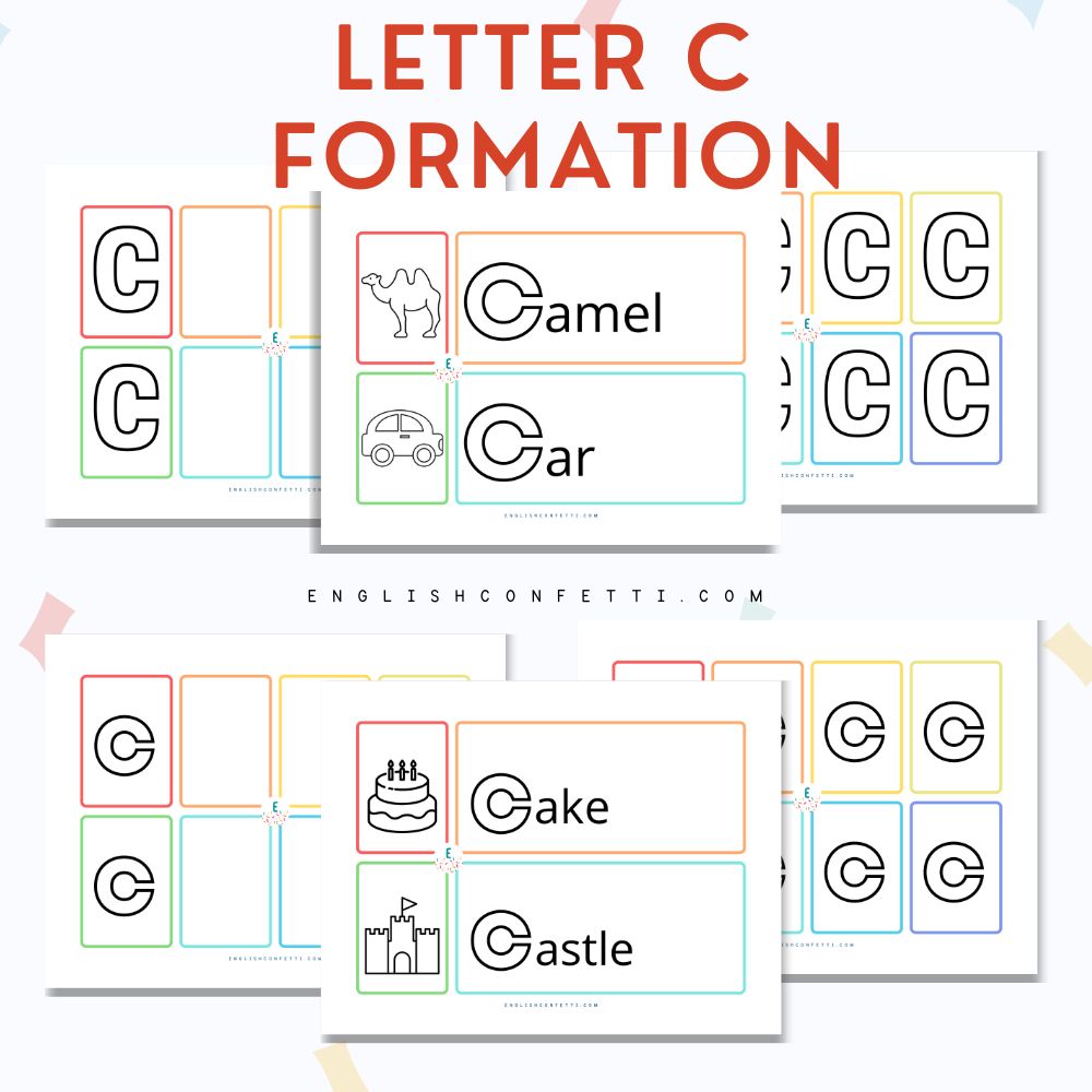 Forming letter C worksheets for preschool and kindergarten age children