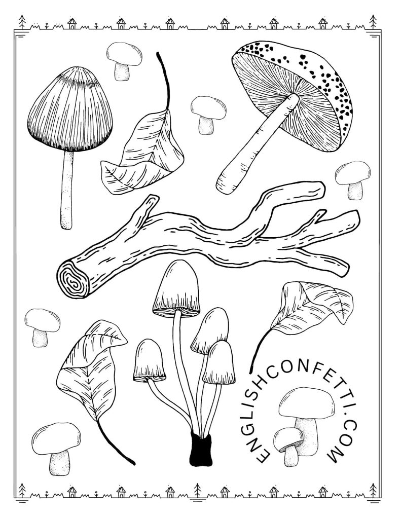 Forest mushroom coloring page theme